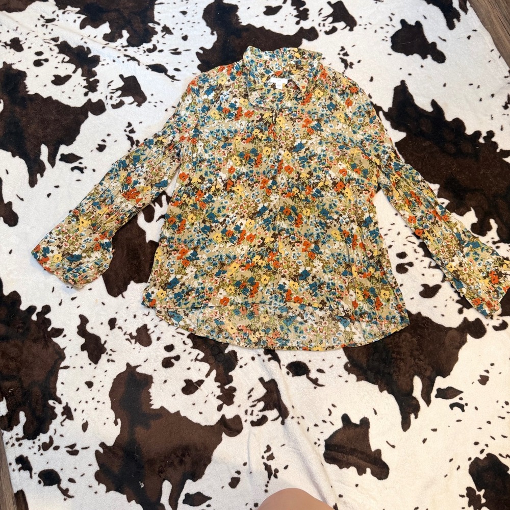 J. Jill Blouse Womens Medium Multicolor Floral Rayon Button Down Boho Casual